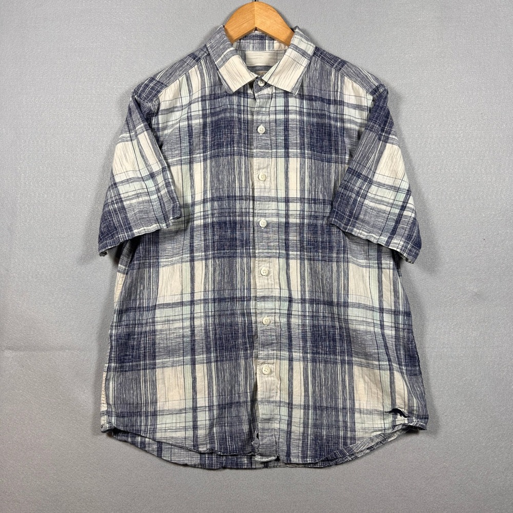 Tommy Bahama Mens Blue White Plaid Cotton Short Sleeve Button Down Shirt Medium